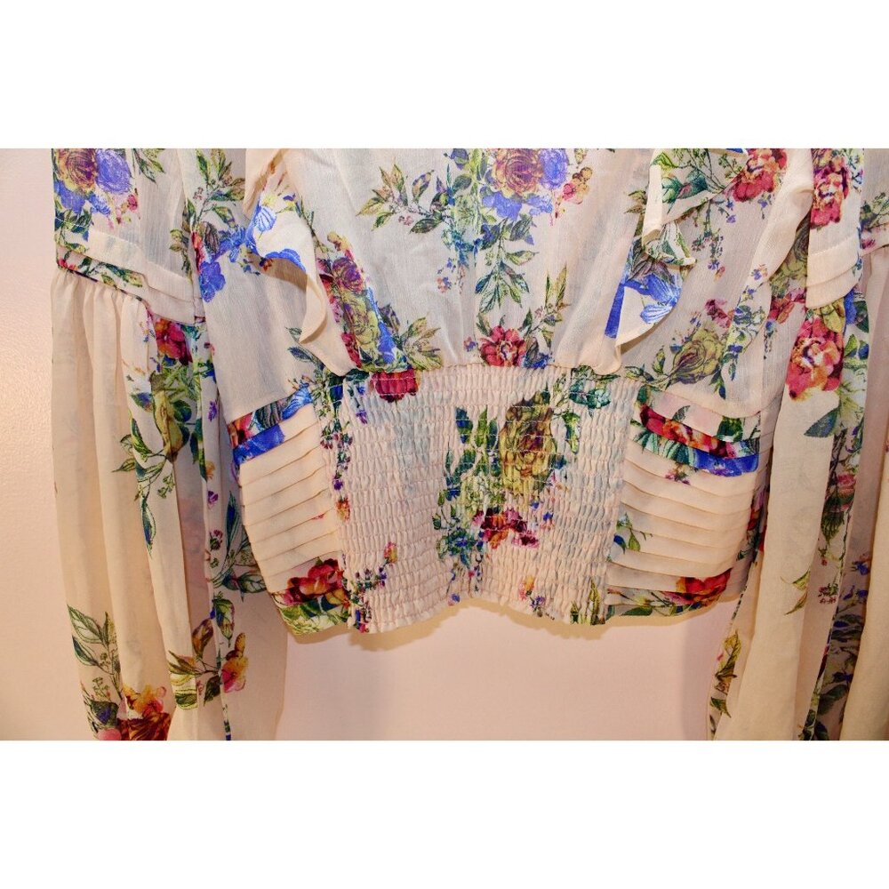 BKE NWT Womens Medium Top Floral Sheer Peach Balloon Sleeve Ruffles Cottage Core - Picture 4 of 10